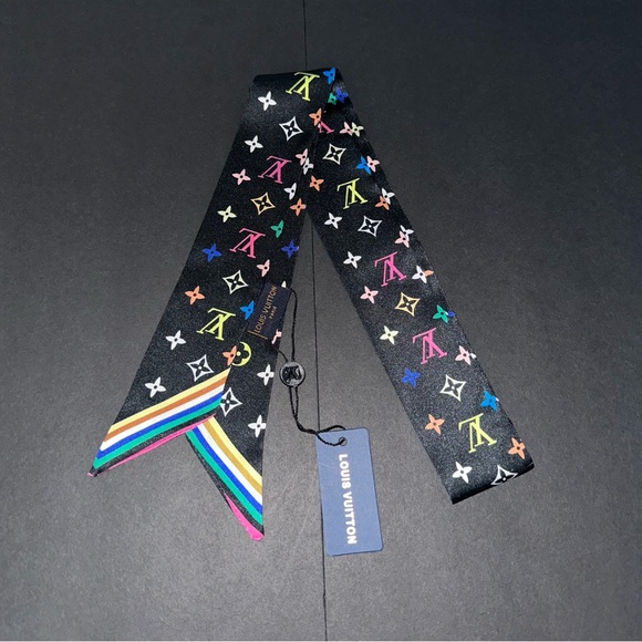 Louis Vuitton x Takashi Murakami Silk Monogram Black Multicolor Bandeau BB Scarf - Picture 1 of 2